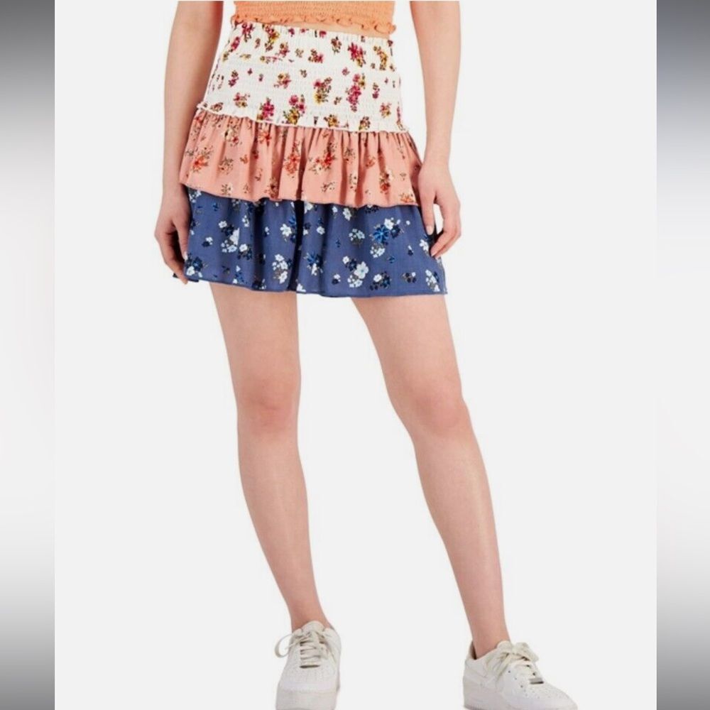 DEREK HEART Juniors' Tiered Print Mini Skirt In Ditsy Floral Size Large NWOT - Picture 2 of 10